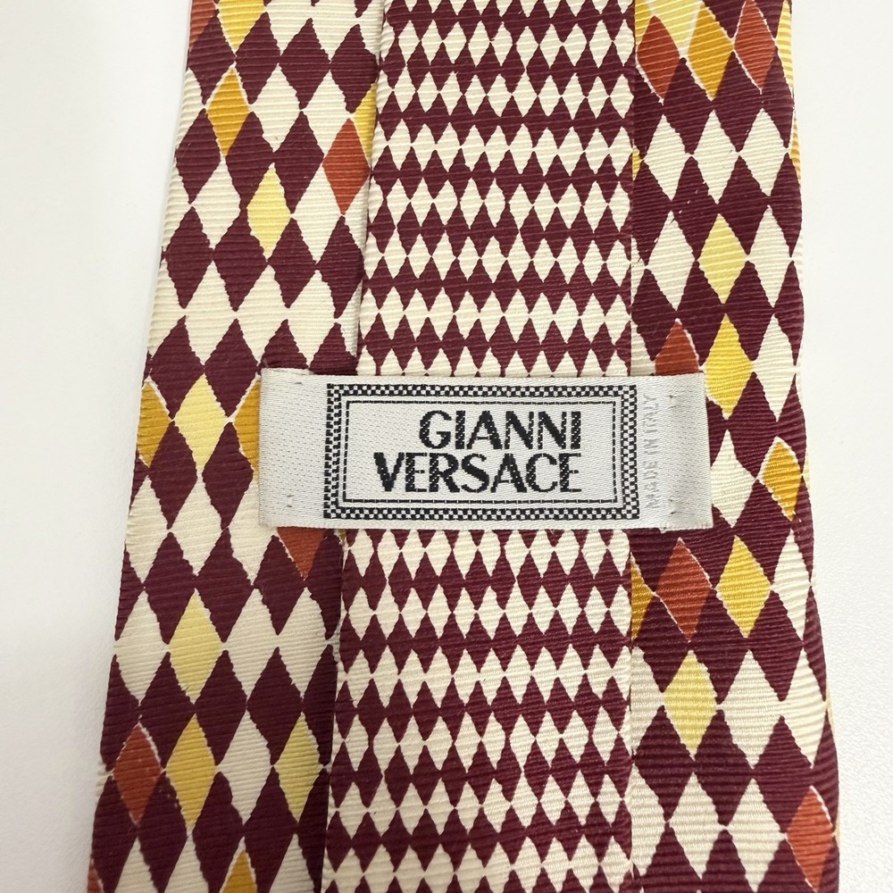 Gianni Versace Men's Tie Burgundy/Cream/Yellow Checkered Silk 3 7/8" (W) 57" (L)